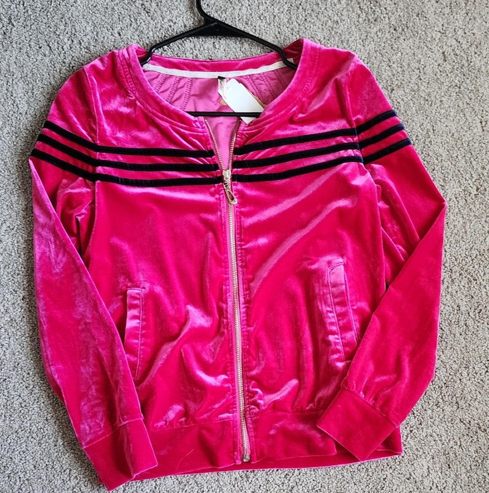 Pink and Black Velour Hoodie with Zip Front - Picture 1 of 3